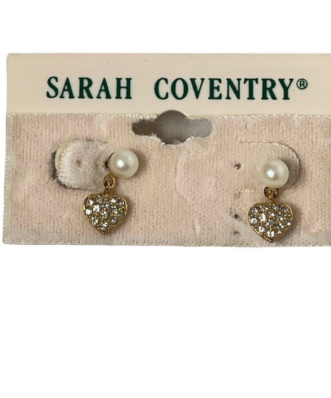 Vintage Sarah Coventry small heart pearl rhinestone dangle earrings