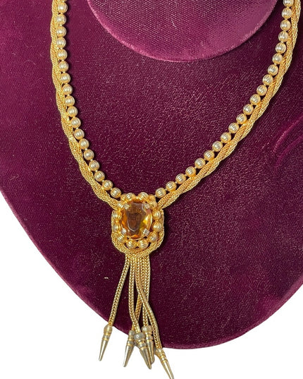 Vintage gold finish fancy amber crystal dangle choker necklace