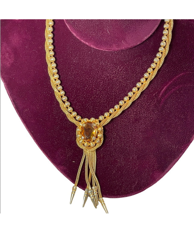 Vintage gold finish fancy amber crystal dangle choker necklace