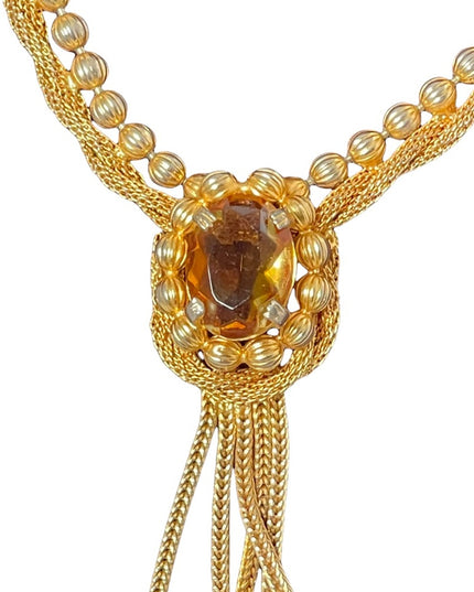 Vintage gold finish fancy amber crystal dangle choker necklace