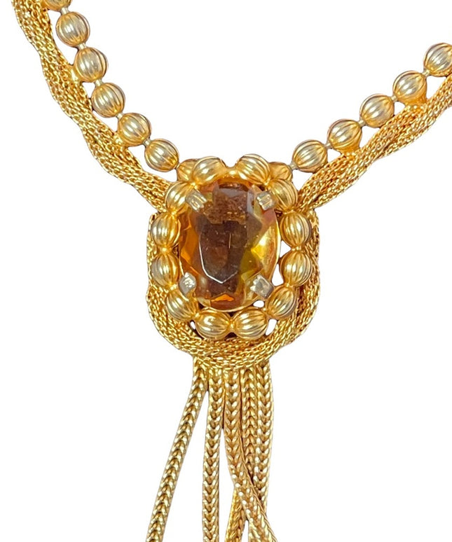 Vintage gold finish fancy amber crystal dangle choker necklace