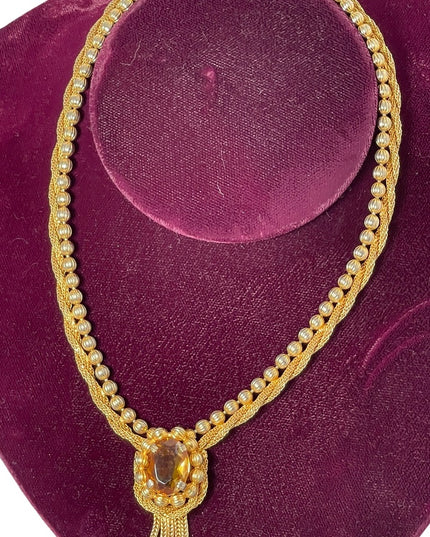 Vintage gold finish fancy amber crystal dangle choker necklace