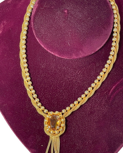 Vintage gold finish fancy amber crystal dangle choker necklace
