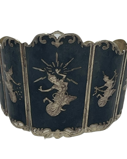 Mid-20th Century Siam Sterling Silver & Niello Enamel Panel Link Bracelet-Signed