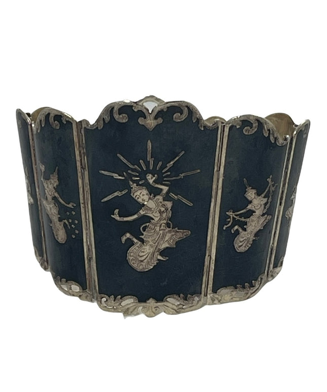 Mid-20th Century Siam Sterling Silver & Niello Enamel Panel Link Bracelet-Signed
