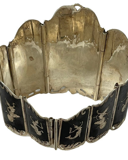 Mid-20th Century Siam Sterling Silver & Niello Enamel Panel Link Bracelet-Signed
