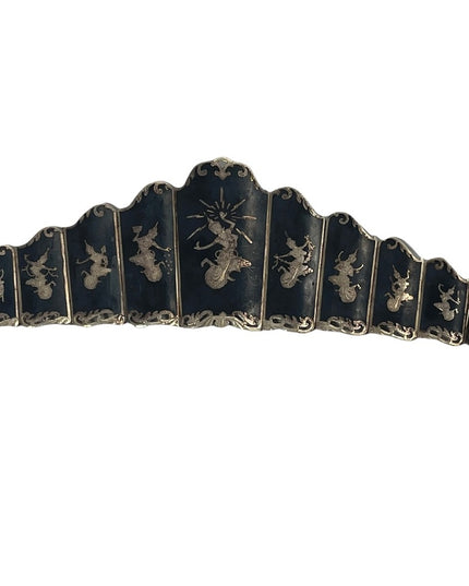 Mid-20th Century Siam Sterling Silver & Niello Enamel Panel Link Bracelet-Signed