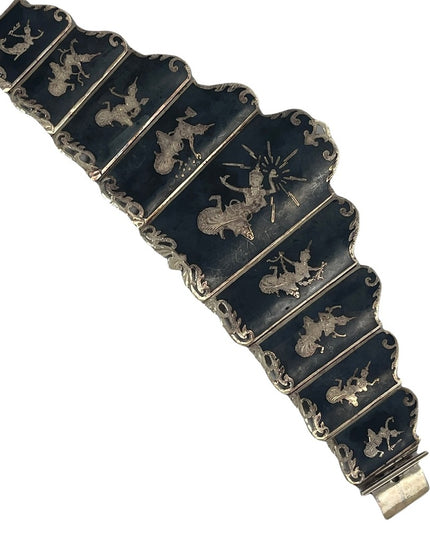 Mid-20th Century Siam Sterling Silver & Niello Enamel Panel Link Bracelet-Signed