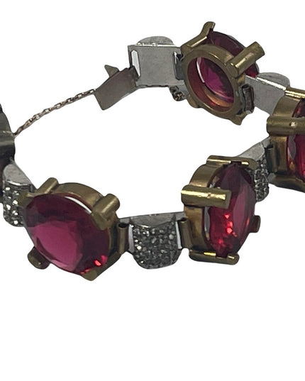 Vintage chunky brass ruby rhinestone crystal bracelet 1940s