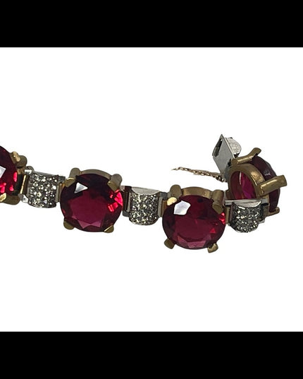 Vintage chunky brass ruby rhinestone crystal bracelet 1940s