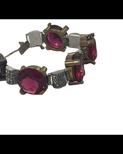 Vintage chunky brass ruby rhinestone crystal bracelet 1940s