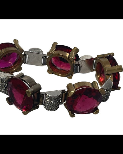 Vintage chunky brass ruby rhinestone crystal bracelet 1940s