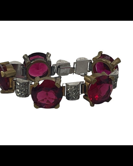 Vintage chunky brass ruby rhinestone crystal bracelet 1940s