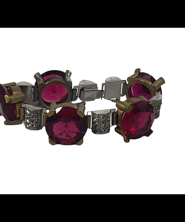 Vintage chunky brass ruby rhinestone crystal bracelet 1940s