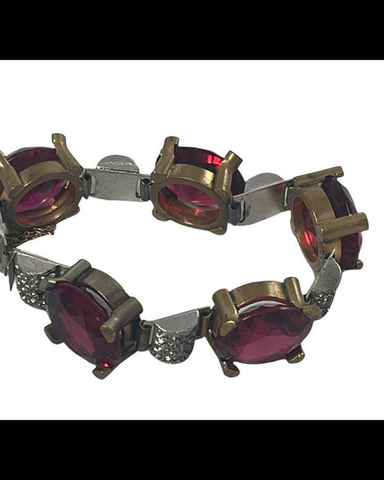 Vintage chunky brass ruby rhinestone crystal bracelet 1940s