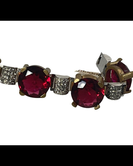 Vintage chunky brass ruby rhinestone crystal bracelet 1940s
