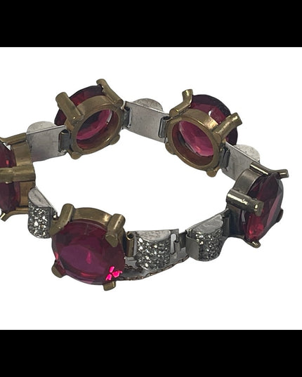 Vintage chunky brass ruby rhinestone crystal bracelet 1940s