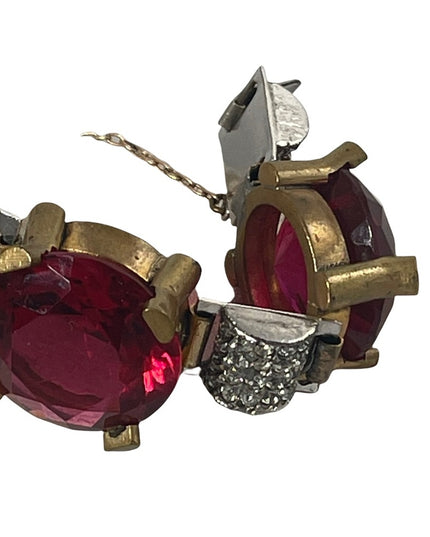 Vintage chunky brass ruby rhinestone crystal bracelet 1940s