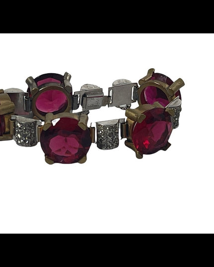 Vintage chunky brass ruby rhinestone crystal bracelet 1940s