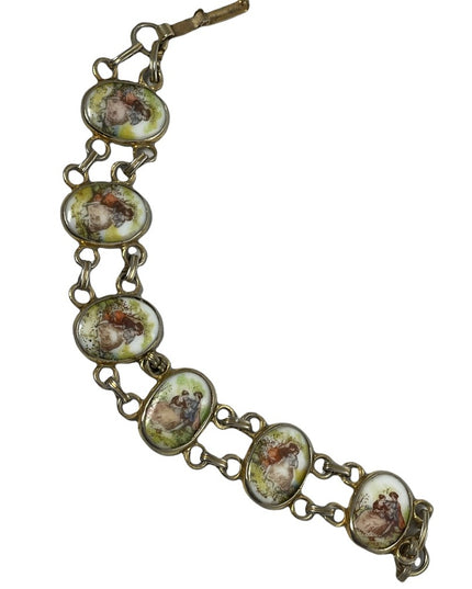 Vintage Ceramic Cameo link bracelet Victorian scene