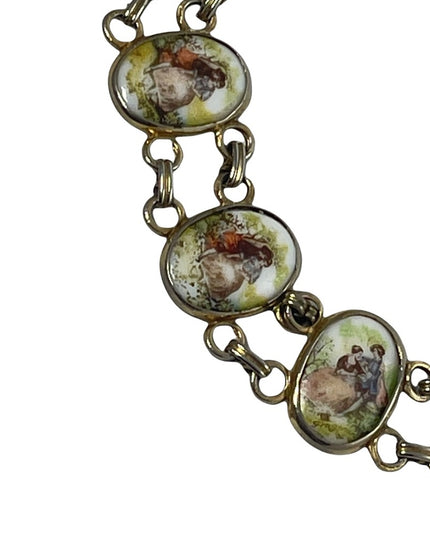 Vintage Ceramic Cameo link bracelet Victorian scene