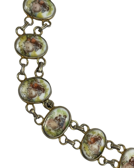 Vintage Ceramic Cameo link bracelet Victorian scene