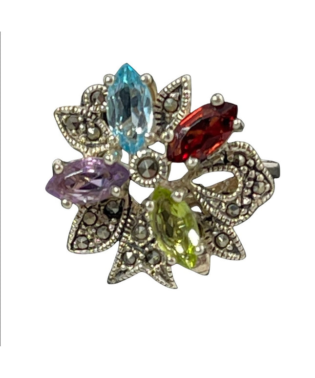 Vintage multi gemstone peridot garnet amethyst topaz marcasite fancy dinner ring