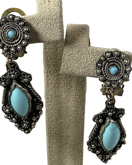 Antique Egyptian Revival 900 Silver dangle turquois clip on earrings