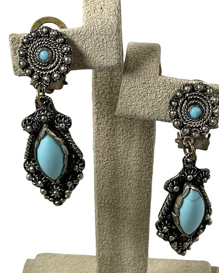 Antique Egyptian Revival 900 Silver dangle turquois clip on earrings