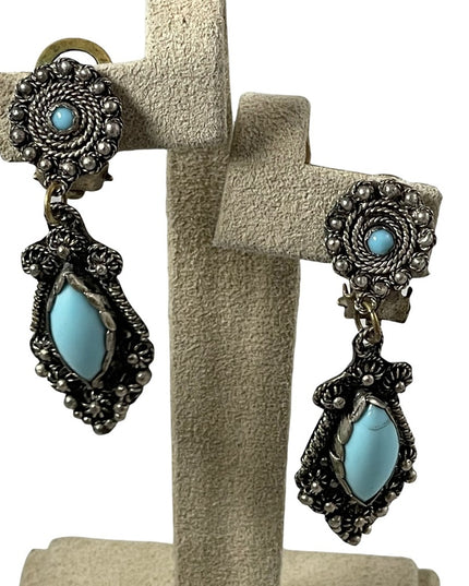 Antique Egyptian Revival 900 Silver dangle turquois clip on earrings