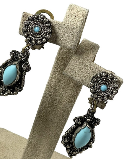 Antique Egyptian Revival 900 Silver dangle turquois clip on earrings