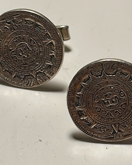 Vintage sterling silver 925 Mayan Aztec Calendar cuff links cufflinks