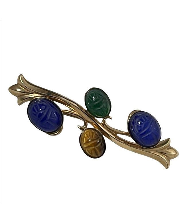 12k GF gold filled vintage scarab egyptian revival stone branch bar brooch