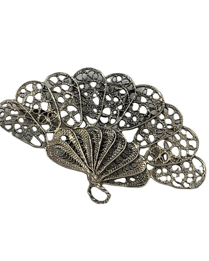 Antique silver art deco filagree fan brooch