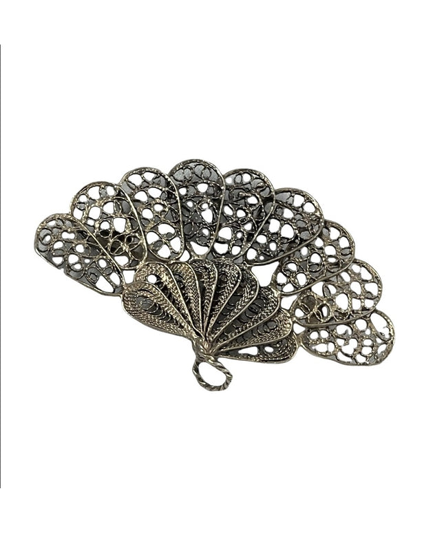 Antique silver art deco filagree fan brooch