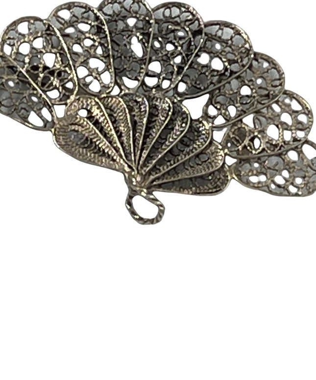 Antique silver art deco filagree fan brooch