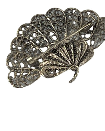 Antique silver art deco filagree fan brooch