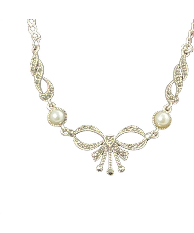 Vintage Sterling silver pearl marcasite fancy Victorian revival necklace