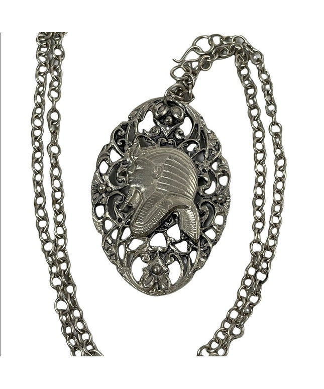 Vintage Silver tone EGYPTIAN King Tut Large pendant necklace