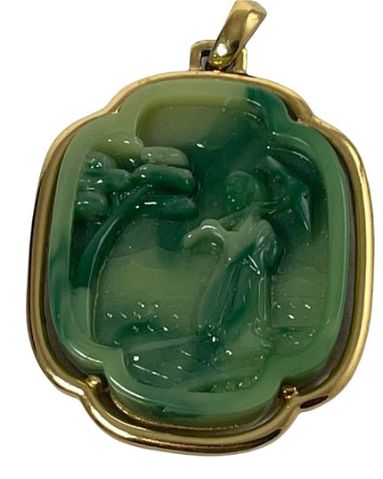 VTG 1960s Crown Trifari Faux Jade Japanese Geisha large necklace pendant gold