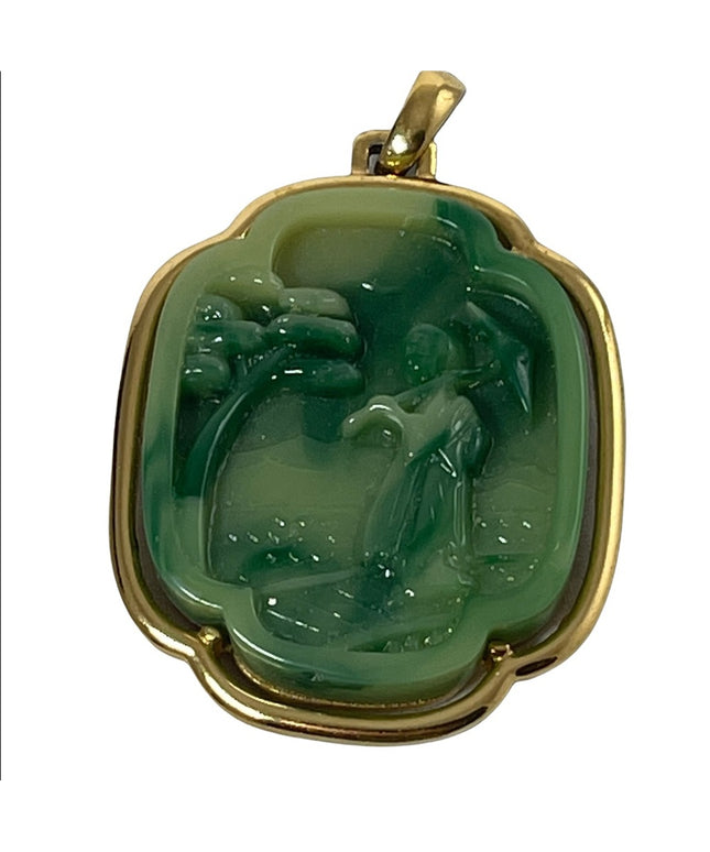 VTG 1960s Crown Trifari Faux Jade Japanese Geisha large necklace pendant gold