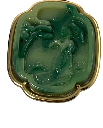 VTG 1960s Crown Trifari Faux Jade Japanese Geisha large necklace pendant gold