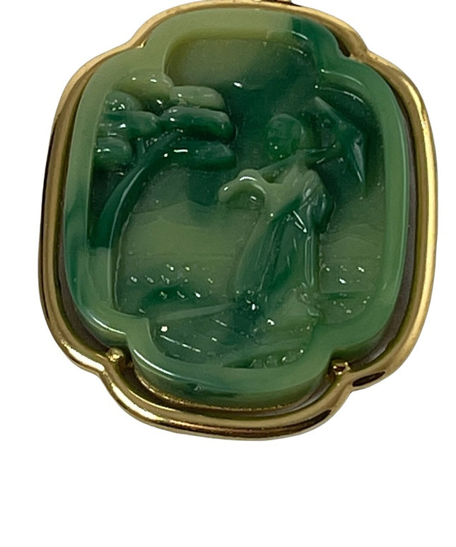 VTG 1960s Crown Trifari Faux Jade Japanese Geisha large necklace pendant gold