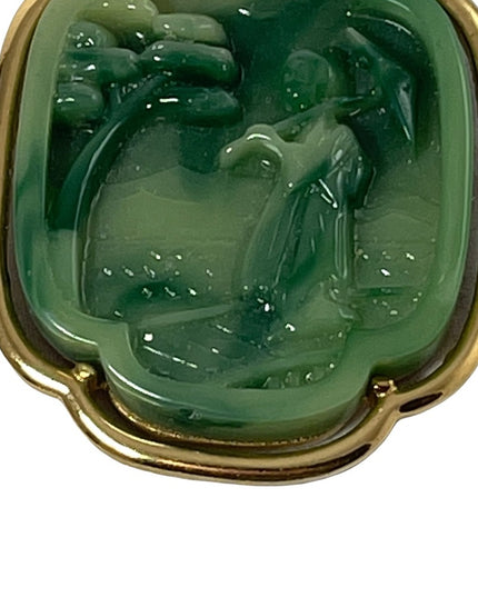 VTG 1960s Crown Trifari Faux Jade Japanese Geisha large necklace pendant gold