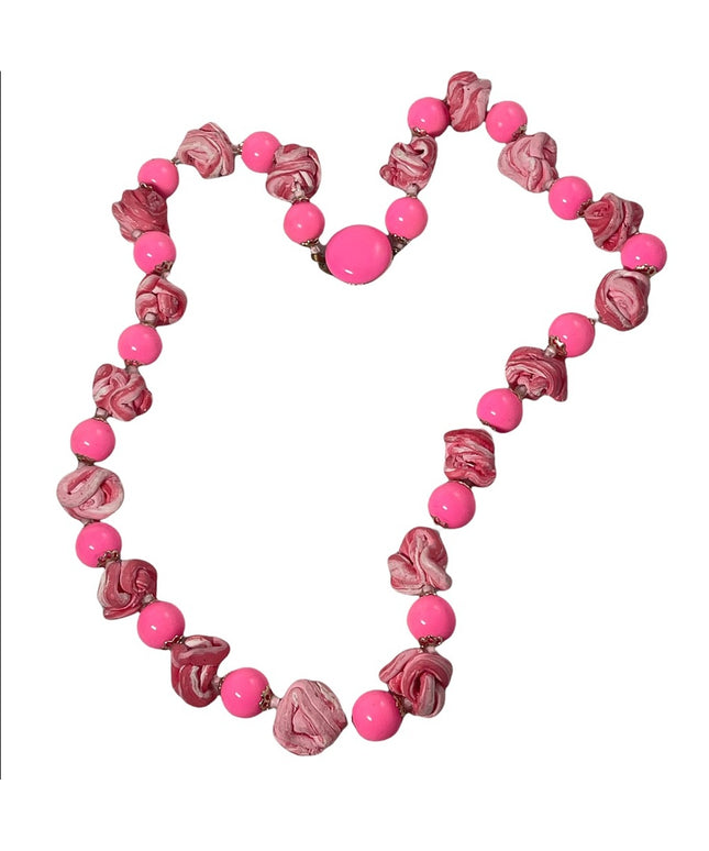 Vintage 1960s Bubble gum pink plastic & clay hot pink candy like necklace clay