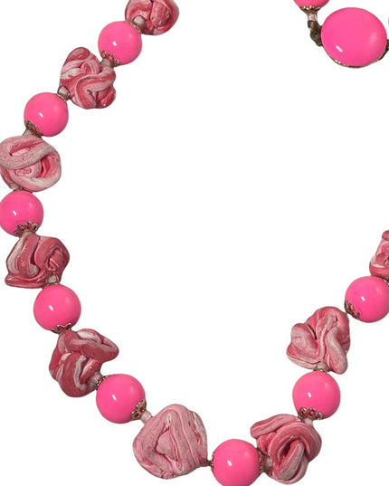 Vintage 1960s Bubble gum pink plastic & clay hot pink candy like necklace clay