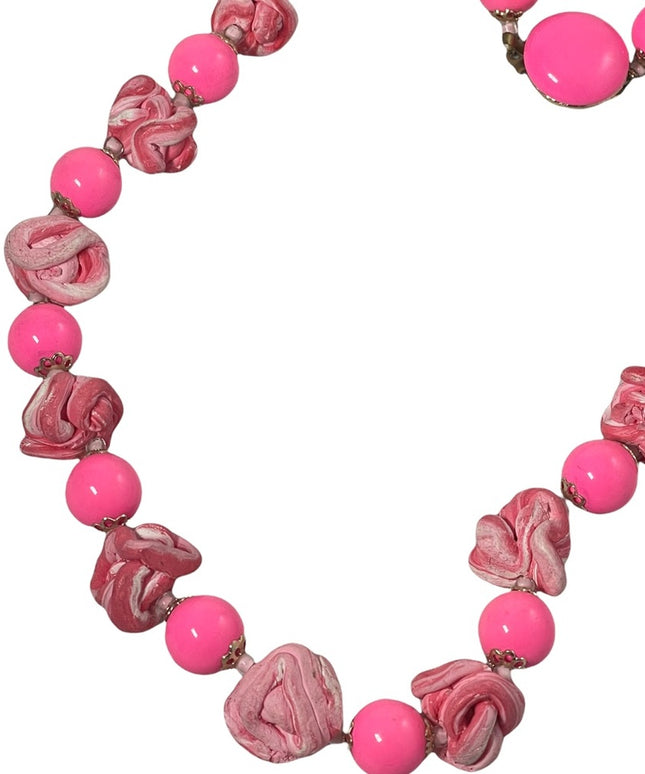 Vintage 1960s Bubble gum pink plastic & clay hot pink candy like necklace clay