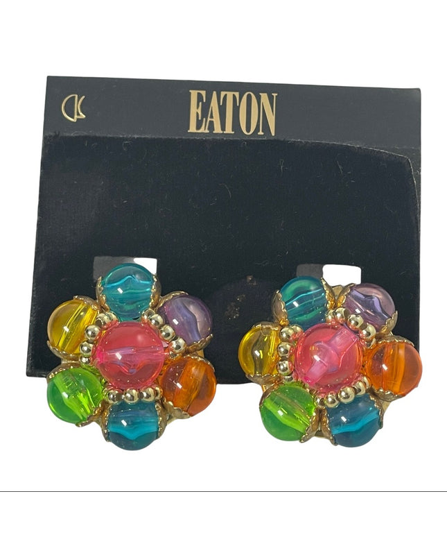 Vintage colorful multi color plastic resin bead chunky 1960s clip on earrings