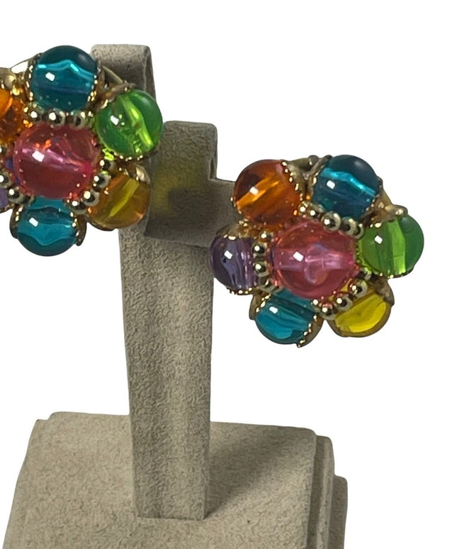 Vintage colorful multi color plastic resin bead chunky 1960s clip on earrings