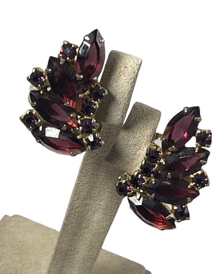 Vintage purple crystal fancy party gala wedding earrings clip on